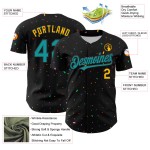 Maglia da baseball personalizzata con motivo a coriandoli neri, autentica in 3D, verde acqua e oro Maglia da baseball personalizzata con motivo a coriandoli neri, autentica in 3D, verde acqua e oro