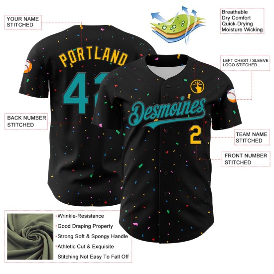 Maglia da baseball personalizzata con motivo a coriandoli neri, autentica in 3D, verde acqua e oro Maglia da baseball personalizzata con motivo a coriandoli neri, autentica in 3D, verde acqua e oro