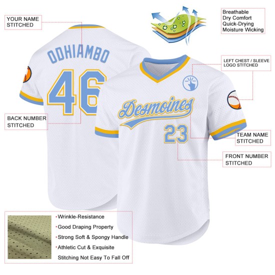 Maglia da baseball leggera autentica, personalizzata, blu-oro, bianca e retrò Maglia da baseball leggera autentica, personalizzata, blu-oro, bianca e retrò