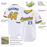 Maglia da baseball personalizzata bianca retrò, autentica, oro-blu Maglia da baseball personalizzata bianca retrò, autentica, oro-blu