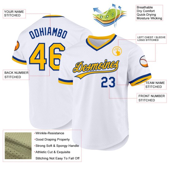 Maglia da baseball personalizzata bianca retrò, autentica, oro-blu Maglia da baseball personalizzata bianca retrò, autentica, oro-blu