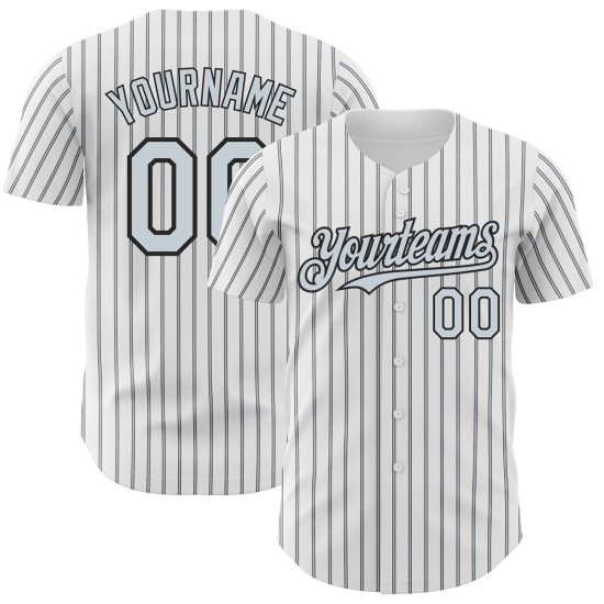 Maglia da baseball personalizzata argento-nera, bianca (righe nere autentiche) Maglia da baseball personalizzata argento-nera, bianca (righe nere autentiche)