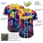 Maglia da baseball personalizzata Rave Rex Design Pattern 3D autentica viola oro-bianca Maglia da baseball personalizzata Rave Rex Design Pattern 3D autentica viola oro-bianca