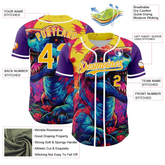 Maglia da baseball personalizzata Rave Rex Design Pattern 3D autentica viola oro-bianca Maglia da baseball personalizzata Rave Rex Design Pattern 3D autentica viola oro-bianca