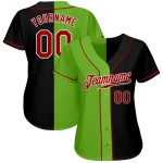 Maglia da baseball autentica personalizzata nera e verde, stile split rosso-neon Maglia da baseball autentica personalizzata nera e verde, stile split rosso-neon