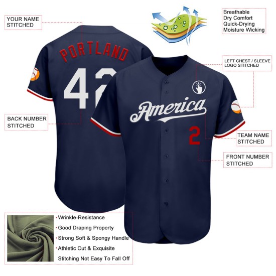 Maglia da baseball blu navy, bianca e rossa, autentica, personalizzata Maglia da baseball blu navy, bianca e rossa, autentica, personalizzata