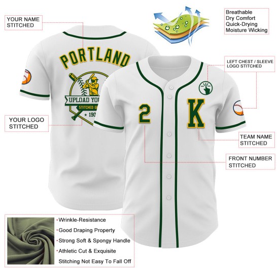 Maglia da baseball autentica bianca personalizzata verde-oro Maglia da baseball autentica bianca personalizzata verde-oro