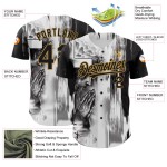 Maglia da baseball con motivo personalizzato "Old Christ" in bianco, nero e oro, con disegno 3D di Gesù. Maglia da baseball con motivo personalizzato "Old Christ" in bianco, nero e oro, con disegno 3D di Gesù.