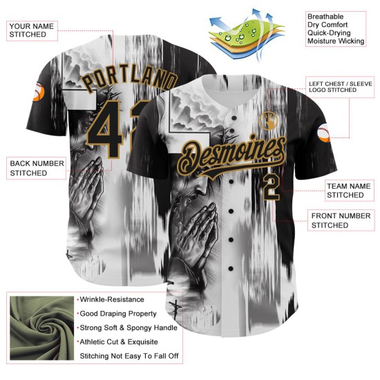Maglia da baseball con motivo personalizzato "Old Christ" in bianco, nero e oro, con disegno 3D di Gesù. Maglia da baseball con motivo personalizzato "Old Christ" in bianco, nero e oro, con disegno 3D di Gesù.