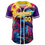 Maglia da baseball personalizzata Rave Rex Design Pattern 3D autentica viola oro-bianca Maglia da baseball personalizzata Rave Rex Design Pattern 3D autentica viola oro-bianca