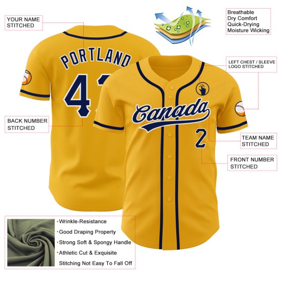 Maglia da baseball autentica personalizzata blu navy-bianco oro Maglia da baseball autentica personalizzata blu navy-bianco oro