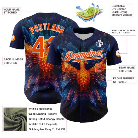 Maglia Phoenix da baseball autentica con motivo blu navy, design personalizzato Rave arancione-bianco 3D Maglia Phoenix da baseball autentica con motivo blu navy, design personalizzato Rave arancione-bianco 3D