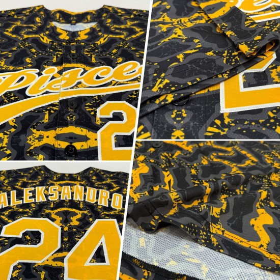 Maglia da baseball Tiger personalizzata con motivo zebrato oro-bianco autentico e nero in 3D Maglia da baseball Tiger personalizzata con motivo zebrato oro-bianco autentico e nero in 3D