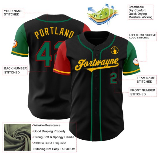 Maglia personalizzata autentica da baseball Kelly Two in tonalità nero rosso-oro verde Maglia personalizzata autentica da baseball Kelly Two in tonalità nero rosso-oro verde