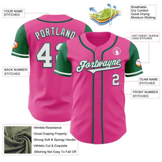 Maglia da baseball personalizzata bianca Kelly, autentica nei toni del rosa e del verde Maglia da baseball personalizzata bianca Kelly, autentica nei toni del rosa e del verde