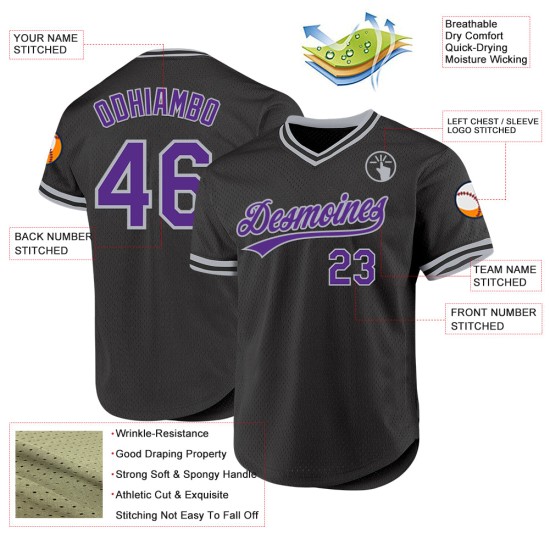 Maglia da baseball vintage viola-grigia personalizzata nera Maglia da baseball vintage viola-grigia personalizzata nera