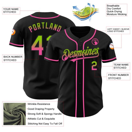 Maglia da baseball personalizzata nera neon sfumata verde-rosa, autentica moda Maglia da baseball personalizzata nera neon sfumata verde-rosa, autentica moda