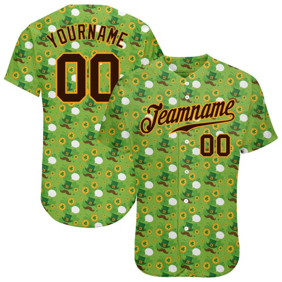 Maglia da baseball di San Patrizio, design personalizzato autentico 3D, verde, motivo marrone-oro neon Maglia da baseball di San Patrizio, design personalizzato autentico 3D, verde, motivo marrone-oro neon