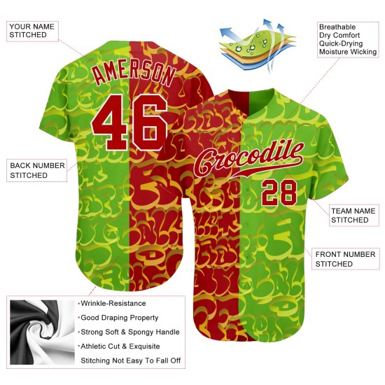Maglia da baseball personalizzata con graffiti, motivo 3D autentico, rosso-verde Maglia da baseball personalizzata con graffiti, motivo 3D autentico, rosso-verde