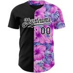 Maglia da baseball con motivo 3D, motivo Hawaii rosa, autentico, personalizzato, motivo tropicale nero-bianco con fiori e palme, foglie Maglia da baseball con motivo 3D, motivo Hawaii rosa, autentico, personalizzato, motivo tropicale nero-bianco con fiori e palme, foglie