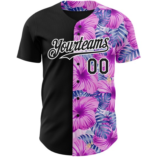Maglia da baseball con motivo 3D, motivo Hawaii rosa, autentico, personalizzato, motivo tropicale nero-bianco con fiori e palme, foglie Maglia da baseball con motivo 3D, motivo Hawaii rosa, autentico, personalizzato, motivo tropicale nero-bianco con fiori e palme, foglie