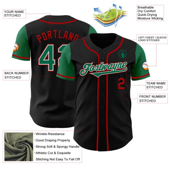 Maglia da baseball nera personalizzata, due toni Kelly Green-Red, autentica Maglia da baseball nera personalizzata, due toni Kelly Green-Red, autentica