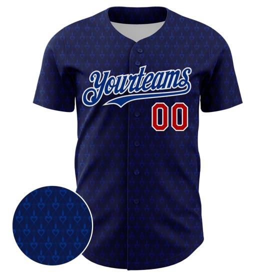 Maglia da baseball personalizzata in 3D con design autentico a cuori, rosso-blu navy Maglia da baseball personalizzata in 3D con design autentico a cuori, rosso-blu navy