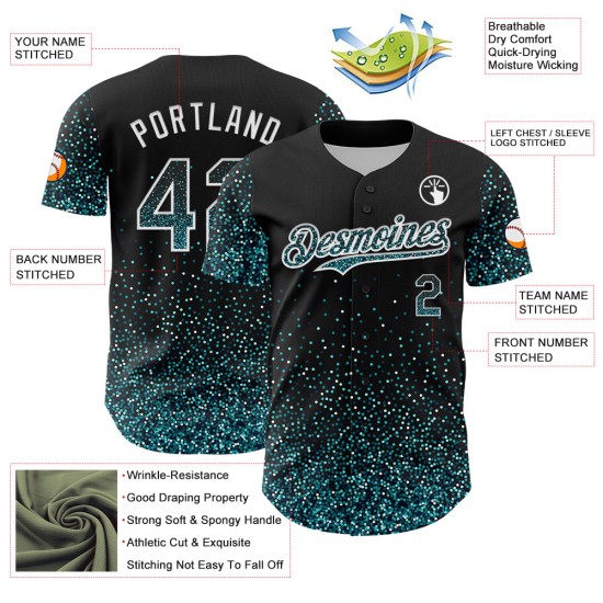 Maglia da baseball personalizzata con design a pois 3D, motivo astratto colorato, verde acqua e bianco scintillante, autentico, nero Maglia da baseball personalizzata con design a pois 3D, motivo astratto colorato, verde acqua e bianco scintillante, autentico, nero