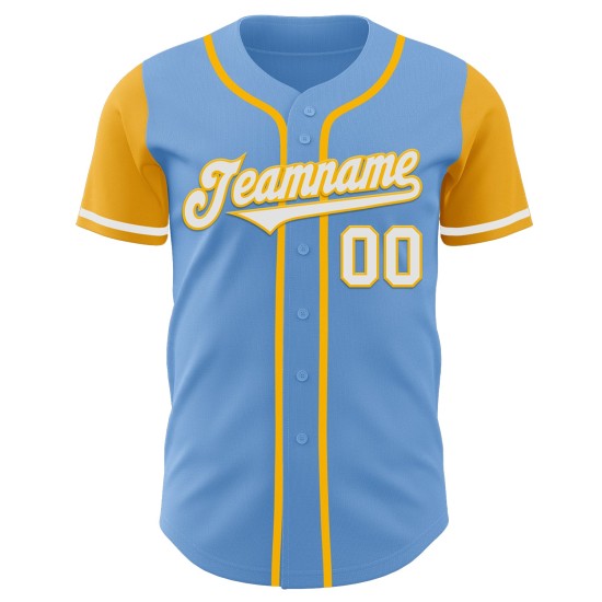 Maglia da baseball leggera bicolore autentica, bianca e oro, blu personalizzata Maglia da baseball leggera bicolore autentica, bianca e oro, blu personalizzata