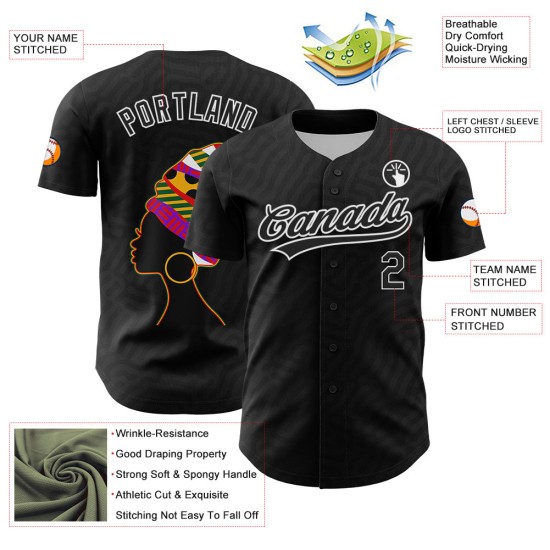 Maglia da baseball nera con motivo 3D personalizzato, storia autentica, mese bianco e nero Maglia da baseball nera con motivo 3D personalizzato, storia autentica, mese bianco e nero