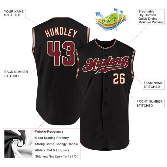 Maglia da baseball Crimson-City nera senza maniche, personalizzata, color crema, autentica Maglia da baseball Crimson-City nera senza maniche, personalizzata, color crema, autentica