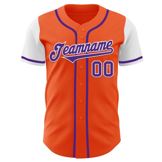 Maglia da baseball personalizzata, autentica, viola-bianca, due arancioni Maglia da baseball personalizzata, autentica, viola-bianca, due arancioni
