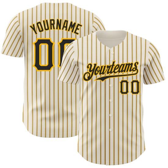 Maglia da baseball autentica Pinstripe personalizzata in oro e crema, nera e oro (maglia nera) Maglia da baseball autentica Pinstripe personalizzata in oro e crema, nera e oro (maglia nera)