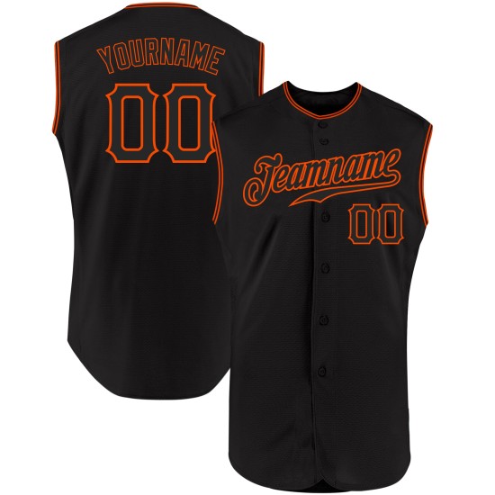 Maglia da baseball autentica nera e arancione personalizzata senza maniche Maglia da baseball autentica nera e arancione personalizzata senza maniche