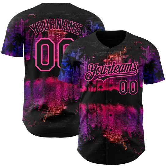 Maglia da baseball con design 3D, motivo personalizzato, nera e rosa, autentica, Hawaii Maglia da baseball con design 3D, motivo personalizzato, nera e rosa, autentica, Hawaii