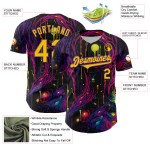 Maglia da baseball autentica personalizzata Tree Rave nera con design 3D e motivo giallo-viola con occhi Maglia da baseball autentica personalizzata Tree Rave nera con design 3D e motivo giallo-viola con occhi