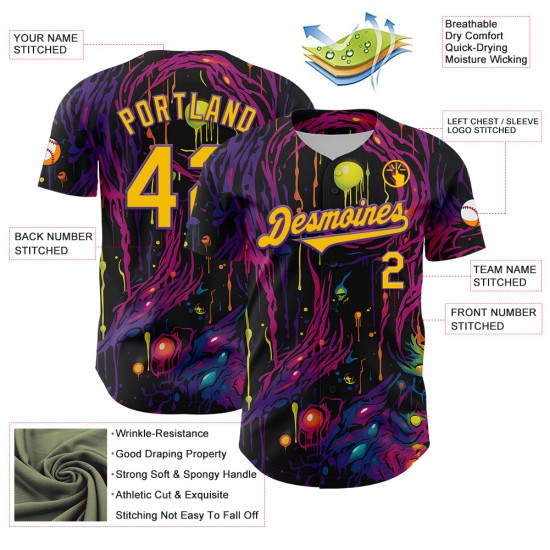 Maglia da baseball autentica personalizzata Tree Rave nera con design 3D e motivo giallo-viola con occhi Maglia da baseball autentica personalizzata Tree Rave nera con design 3D e motivo giallo-viola con occhi