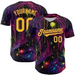 Maglia da baseball autentica personalizzata Tree Rave nera con design 3D e motivo giallo-viola con occhi Maglia da baseball autentica personalizzata Tree Rave nera con design 3D e motivo giallo-viola con occhi