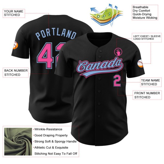 Maglia da baseball rosa-azzurra nera autentica personalizzata Maglia da baseball rosa-azzurra nera autentica personalizzata