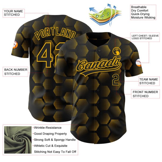 Maglia da baseball 3D geometrica nera con motivo a mezzatinta in oro personalizzato autentico Maglia da baseball 3D geometrica nera con motivo a mezzatinta in oro personalizzato autentico