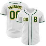 Maglia da baseball autentica bianca personalizzata verde-oro Maglia da baseball autentica bianca personalizzata verde-oro