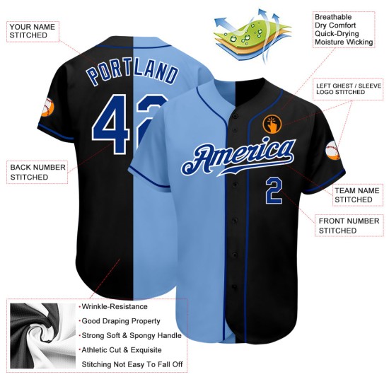 Maglia da baseball personalizzata autentica Royal-Light, nera e blu, stile Split Maglia da baseball personalizzata autentica Royal-Light, nera e blu, stile Split