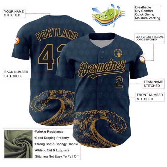 Maglia da baseball personalizzata con motivo a onde color oro, blu navy, design USA autentico 3D, nera e blu antico Maglia da baseball personalizzata con motivo a onde color oro, blu navy, design USA autentico 3D, nera e blu antico