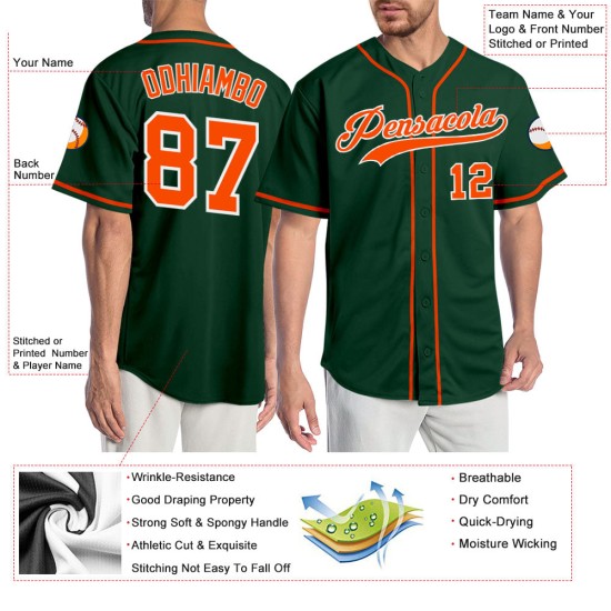 Maglia da baseball verde personalizzata autentica arancione-bianca Maglia da baseball verde personalizzata autentica arancione-bianca