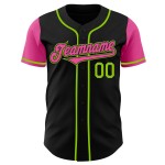 Maglia da baseball autentica personalizzata nera due rosa-verde neon Maglia da baseball autentica personalizzata nera due rosa-verde neon