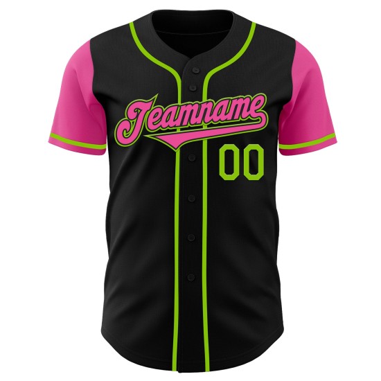Maglia da baseball autentica personalizzata nera due rosa-verde neon Maglia da baseball autentica personalizzata nera due rosa-verde neon