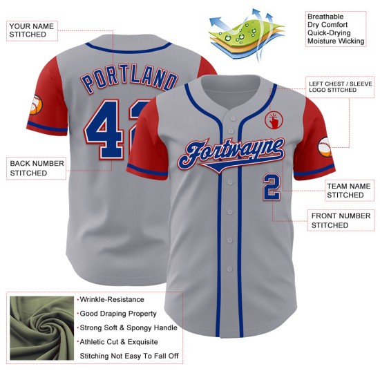 Maglia da baseball autentica personalizzata Two Gray Royal-Red Maglia da baseball autentica personalizzata Two Gray Royal-Red
