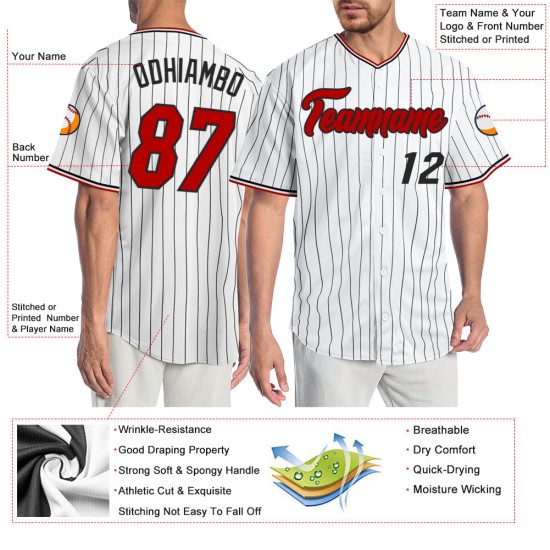 Maglia da baseball autentica personalizzata rossa e nera a righe bianche Maglia da baseball autentica personalizzata rossa e nera a righe bianche