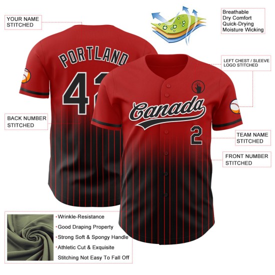 Maglia da baseball autentica personalizzata nera e bianca rossa con righe sfumate alla moda Maglia da baseball autentica personalizzata nera e bianca rossa con righe sfumate alla moda