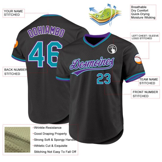 Maglia retrò da baseball personalizzata, autentica, verde acqua e viola, nera Maglia retrò da baseball personalizzata, autentica, verde acqua e viola, nera